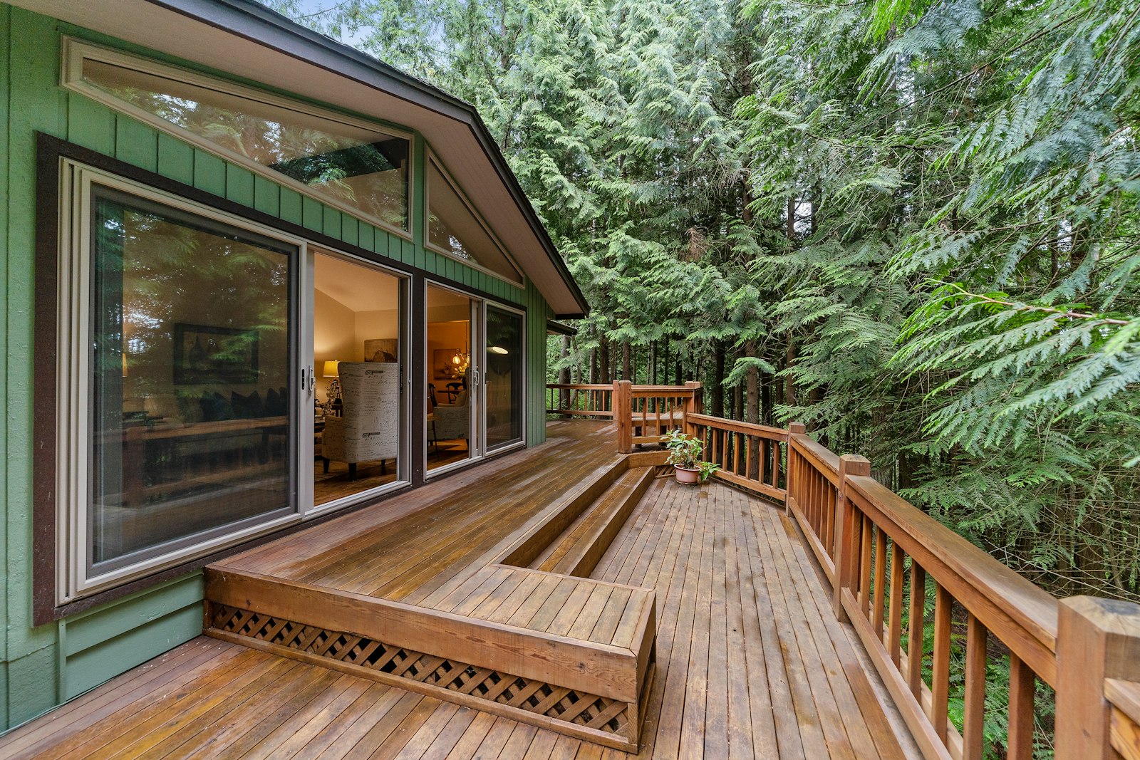 A freshly stained and sealed backyard wood deck with matching railings, set against evergreen forest