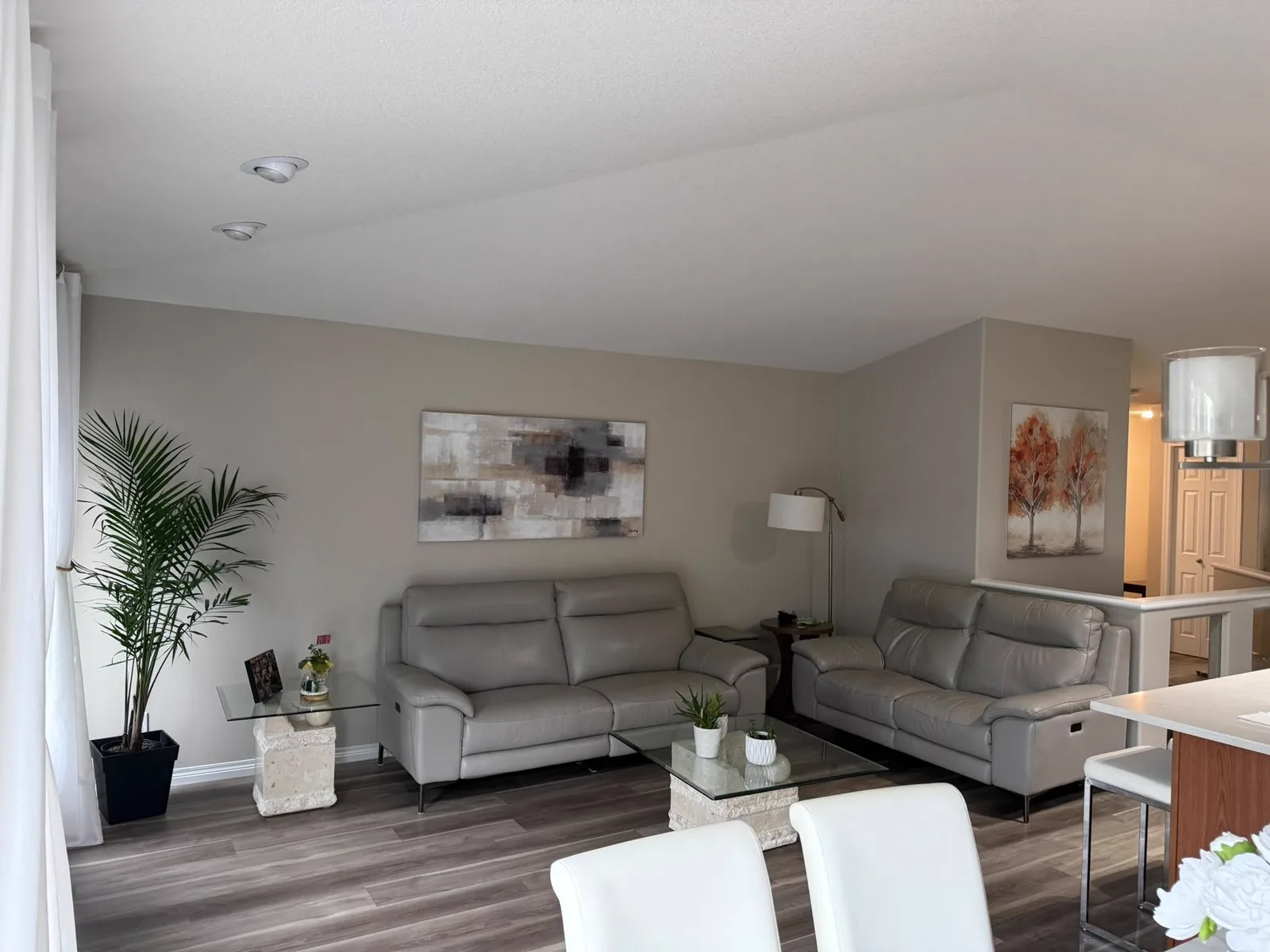 Furnished living room with freshly painted warm grey walls by Birds Painting